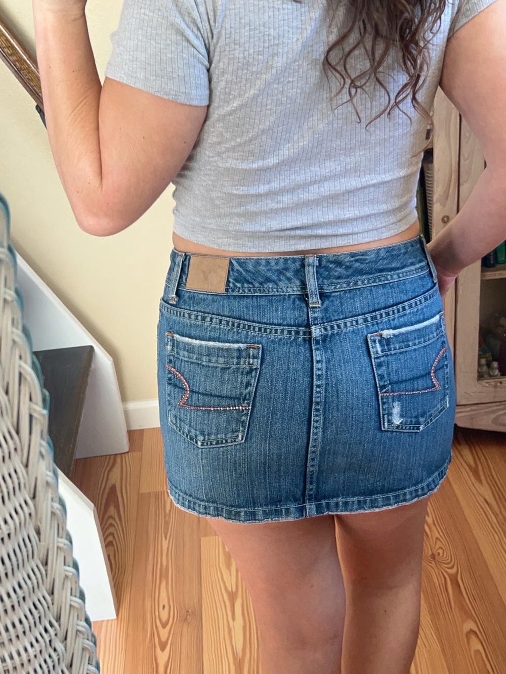 Vintage Y2K American Eagle Faded Denim Super Mini Skirt Low rise Pink Rhinestone - Picture 5 of 12